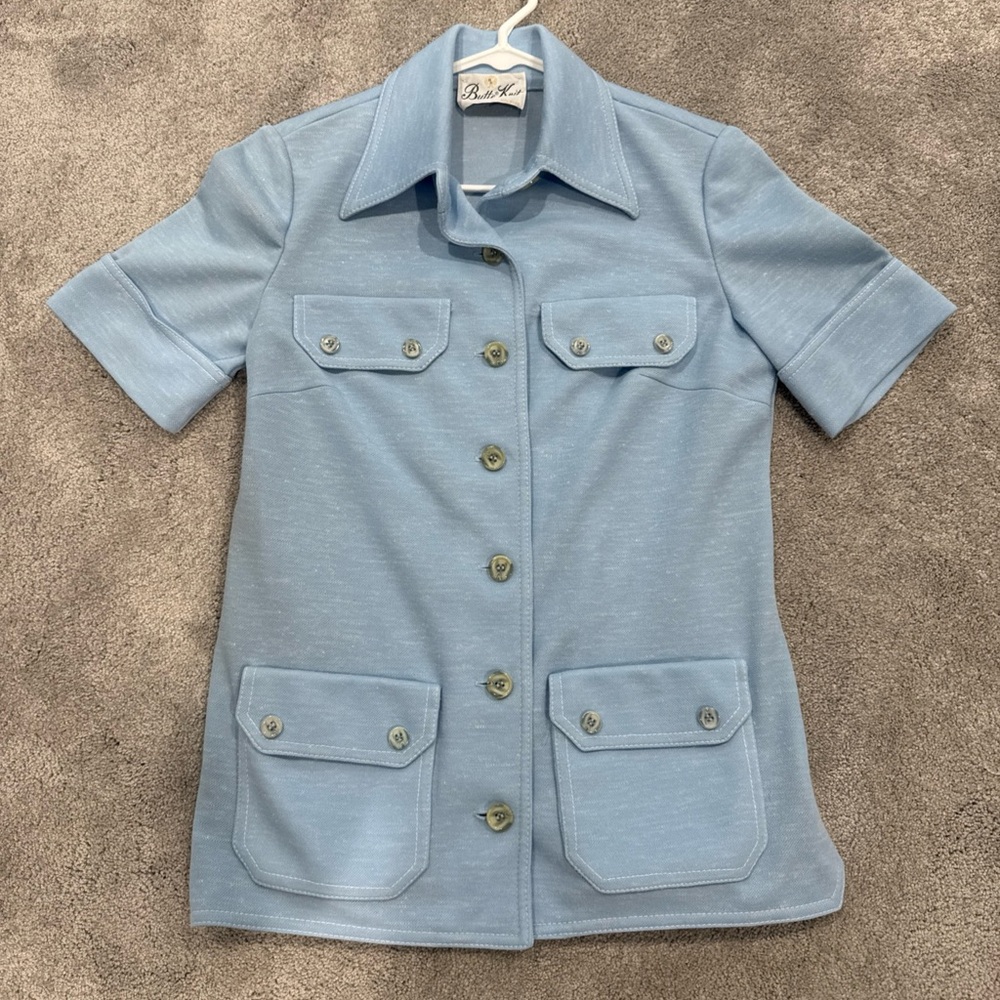 Womens Medium Butte Knit Button Up Short Sleeve Shirt 60s 70s